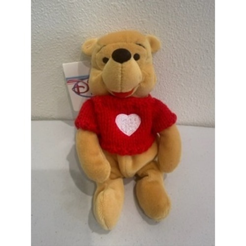 Disney Store Winnie the Pooh Plush 8 Inch Mini Bean Bag Red Heart Sweater NWT